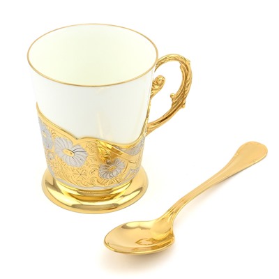 Кружка для кофе с ложечкой "Цветы" златоустовская гравюра