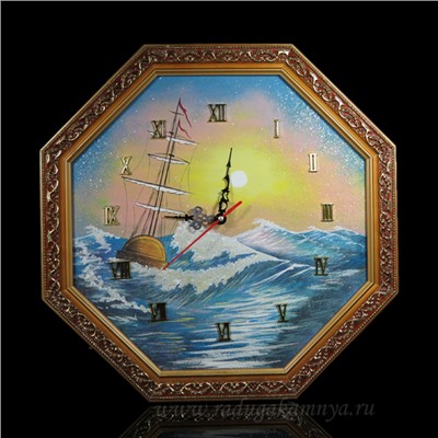 Часы-картина в багете восьмигранные, пейзаж морские волны, 36*36см