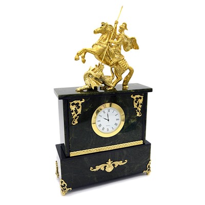 Часы каминные из нефрита и долерита с бронзой "Георгий Победоносец" 180*65*270мм