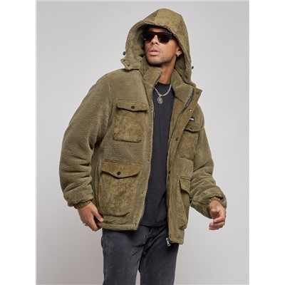 Плюшевая куртка мужская с капюшоном молодежная цвета хаки 88636Kh