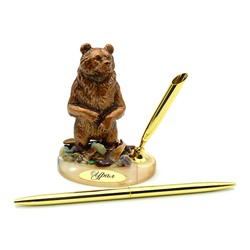Письменный прибор на подставке из селенита с самоцветами "Медведь стоит" 75*55*100мм