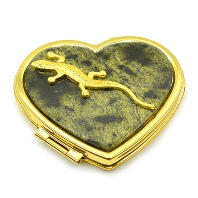 Зеркальце карманное "Сердце" с камнем змеевик, золотистое