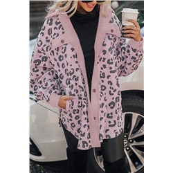 Pink Collared Neckline Flap Pockets Leopard Corduroy Jacket