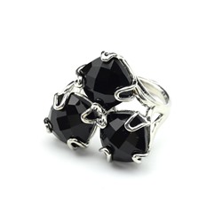 Модное кольцо с агатом черным (имитация), серебристое