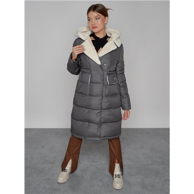 Пальто утепленное с капюшоном зимнее женское темно-серого цвета 1322367TC