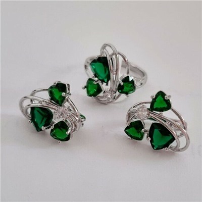 Комплект ювелирная бижутерия, серьги и кольцо посеребрение, камни цвет зеленые, р-р 18, 77221 арт.847.934