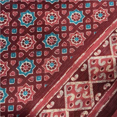 Сари STOBERY SILK с печатным графическим принтом ВОСЬМИУГОЛЬНИКИ, цвет БОРДОВЫЙ (Size: Onesize, с отрезом для блузы), 1 шт.