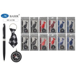 Подарочный набор мужской: брелок для ключей в виде галстука (материал атлас)+ручка с поворотным механизмом+компос МС-6198 Basir