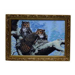 Картина из камня в деревянном багете репродукция "2 совы на дереве" 32,5*22,5см