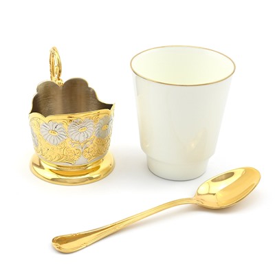 Кружка для кофе с ложечкой "Цветы" златоустовская гравюра