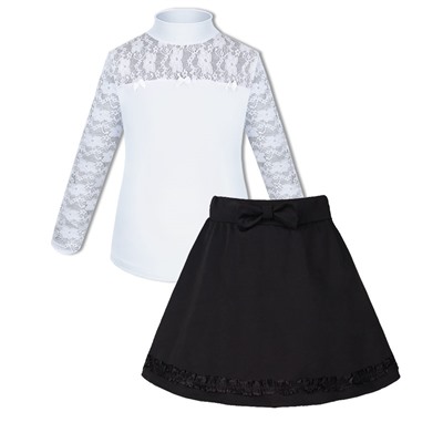 Школьная форма для девочки с белой водолазкой (блузкой) и черной юбкой с рюшей