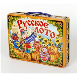 Русское лото в жестяном чемоданчике «Скоморохи» с деревянными бочонками