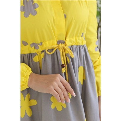 Платье длинное серо-жёлтого цвета с принтом