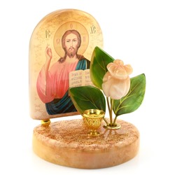 Икона с подсвечником из селенита с цветами "Спаситель Иисус Христос" 100*65*110мм