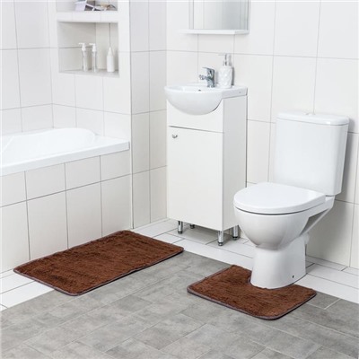 Набор ковриков для ванны и туалета Доляна «Пушистик», 2 шт: 38×49, 49×79 см, цвет коричневый