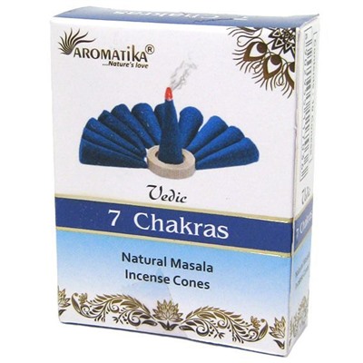 Vedic 7 CHAKRAS Natural Masala Incense Cones, Aromatika (Ведик 7 ЧАКР, натуральные конусные благовония, Ароматика), уп. 10 конусов.