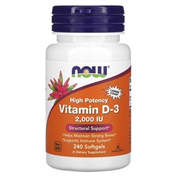 Now Foods, витамин D3, высокоактивный, 2000 МЕ, 240 мягких таблеток
