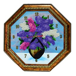 Часы-картина в багете восьмигранные, пейзаж сирень в вазе, 36,5*36,5см, 600гр