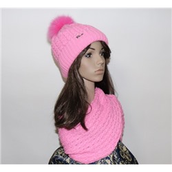 Комплект шапка+снуд "Елена" цвет розовый, с натуральным помпоном