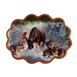 Картина с камнем, пейзаж "Волчья охота на лося" горизонтальный 34*26см