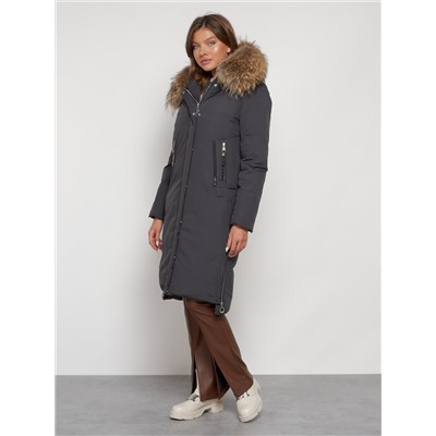 Пальто утепленное с капюшоном зимнее женское темно-серого цвета 133125TC