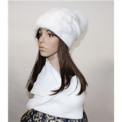 Комплект шапка+снуд "Бини с бусинами" мех норка, цвет белый