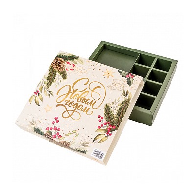 Коробка под шоколадку и 8 конфет "Новогодний букет", с окном 19,5*19*3,8 см