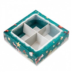 Коробка для 4 конфет "С Новым годом" бирюзовый, с окном