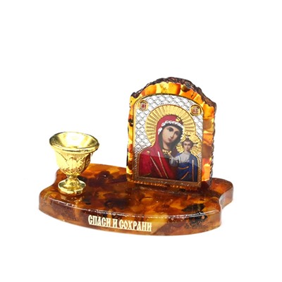 Подсвечник с янтарем с иконой "Богородица Казанская" 33*48*35мм