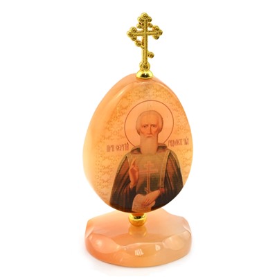 Яйцо из селенита на подставке с крестом "Сергий Радонежский" 47*47*105мм
