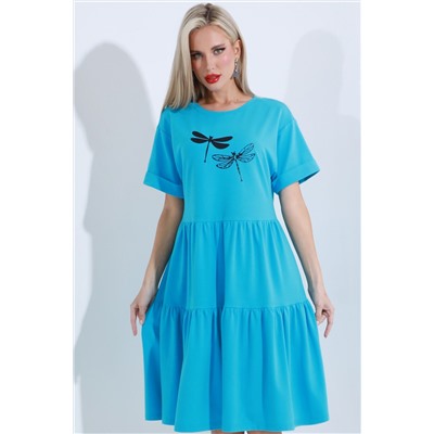 Платье трикотажное голубое с принтом