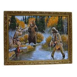 Картина из камня в деревянном багете репродукция "Охота на медведя" 45*35см