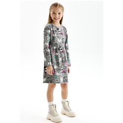 Трикотажное платье с принтом для девочки, цвет светло-серый меланж
