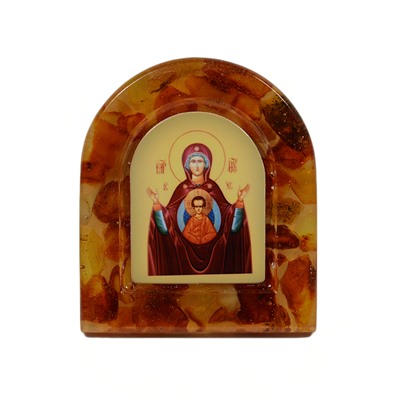 Иконка с янтарем магнит "Знамение Пресвятой Богородицы" арка 38*44мм