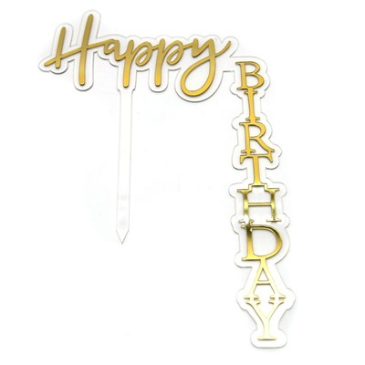 Топпер уголок «Happy Birthday» прозрачный фон с золотой надписью