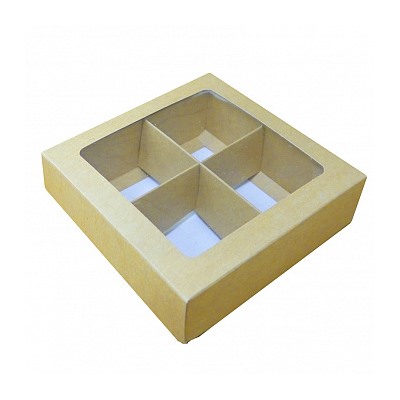 Коробка для 4 конфет с разделителями Крафт NEW с окном