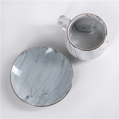 Чайная пара керамическая «Мрамор», 2 предмета: чашка 250 мл, блюдце d=13,5 см, цвет серый