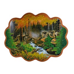 Картина с камнем, пейзаж "4 волка у ручья" горизонтальный 34*26см