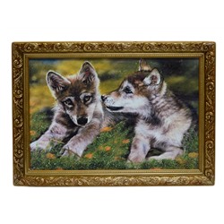 Картина из камня в деревянном багете репродукция "Два волчонка" 32,5*22,5см